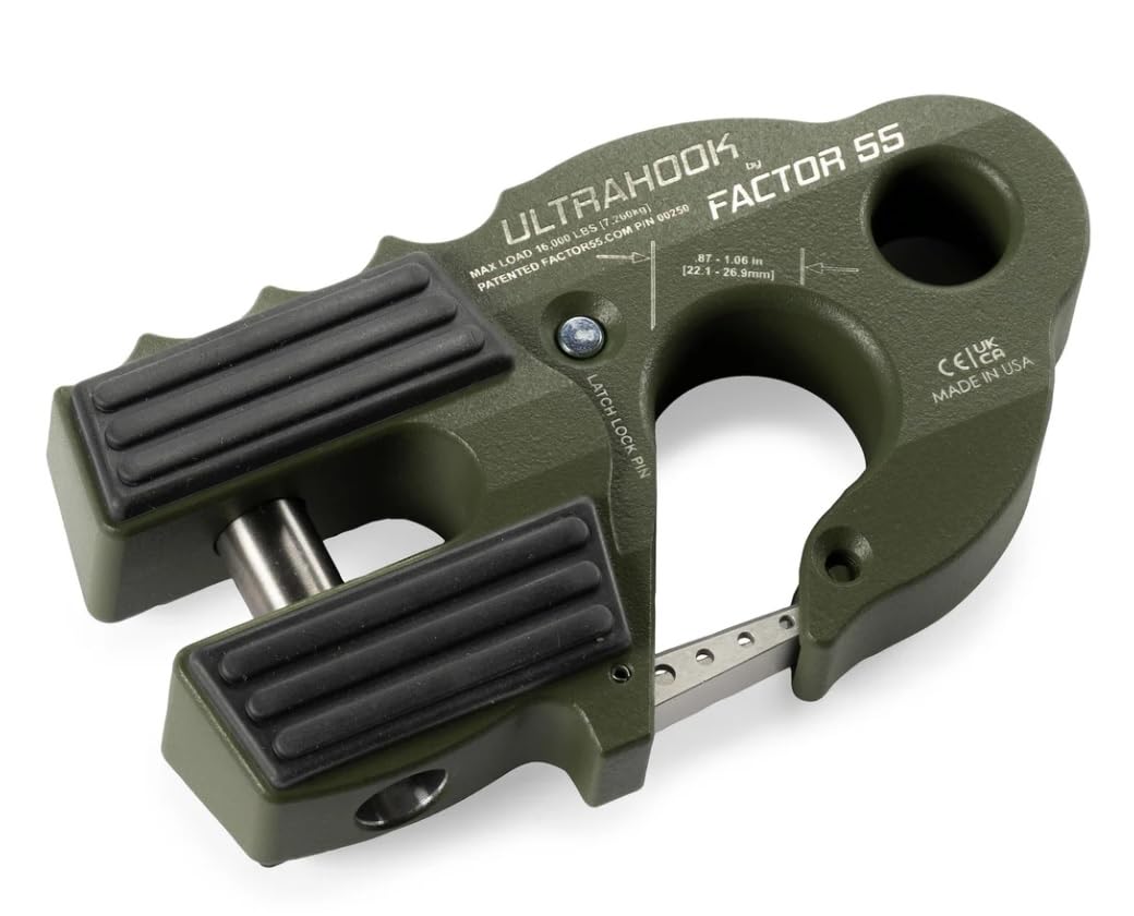 FACTOR 55 00250-14 Factor 55 00250-14 Ultrahook Winch Hook Closed System Shackle Max Load 16,000 lbs ULT Strength Shackle Pin Mount 48,000 lbs Offroad 4x4 Adventure – OD Green