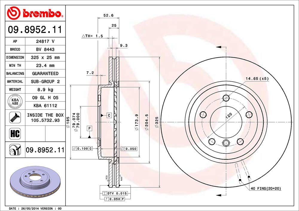 BREMBO 09895211C02 Brembo 09.8952.11 UV Coated vented Front Brake Rotor BMW OE# 34116855156