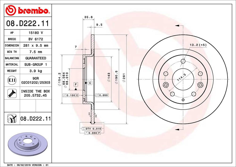 BREMBO 08D22211C02 Brembo 08.D222.11 UV Coated solid Brake Rotor MAZDA OE# D10E26251