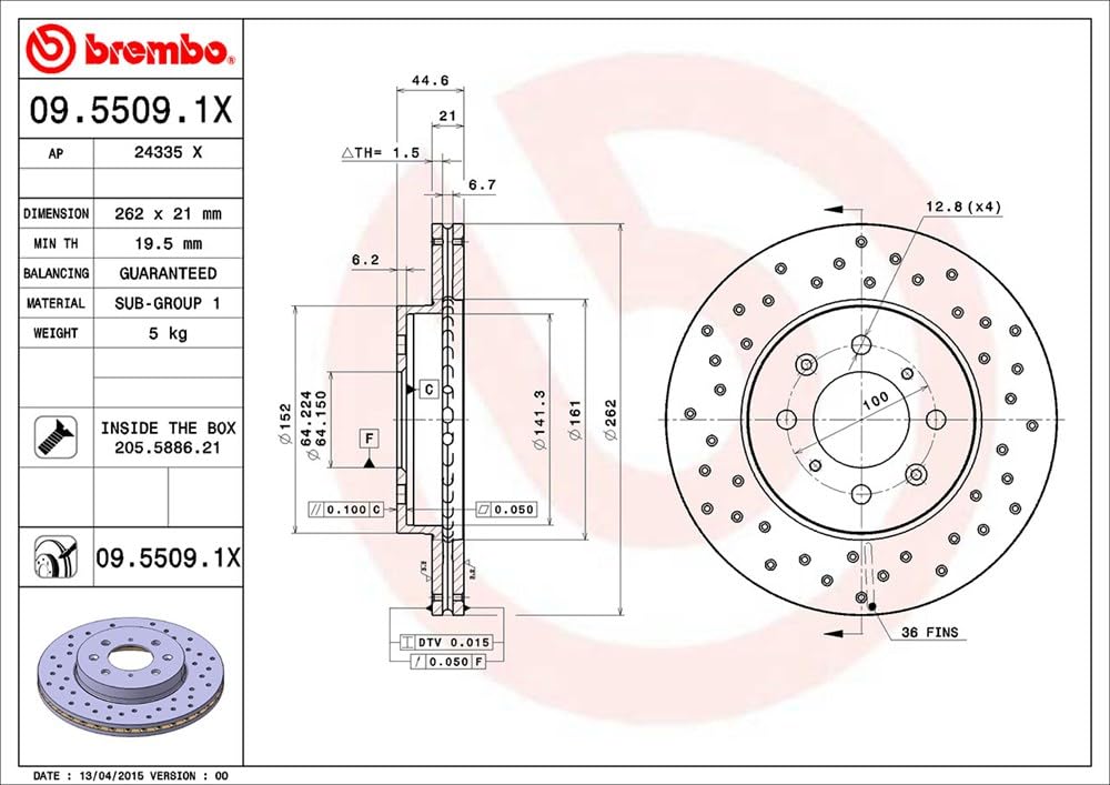 BREMBO 0955091XC02 Brembo 09.5509.1X Xtra UV Coated vented drilled Front Brake Rotor EUROPESTAR/HONDA/LOTUS/MG/ROVER OE# SDB100600