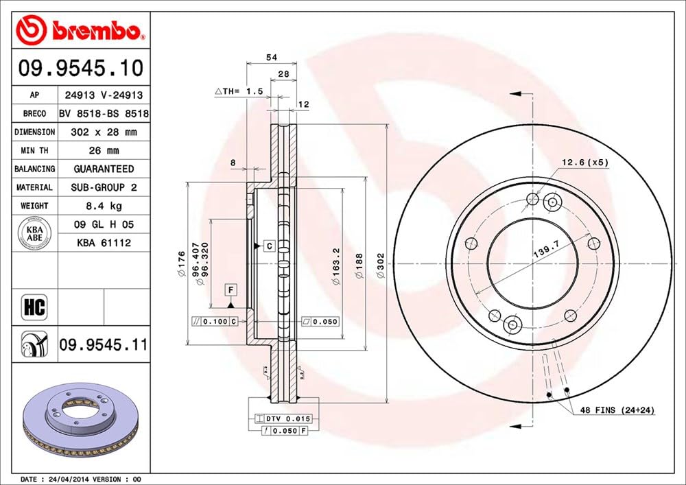 BREMBO 09.9545.11 Brembo 09.9545.11 UV Coated Front Disc Brake Rotor