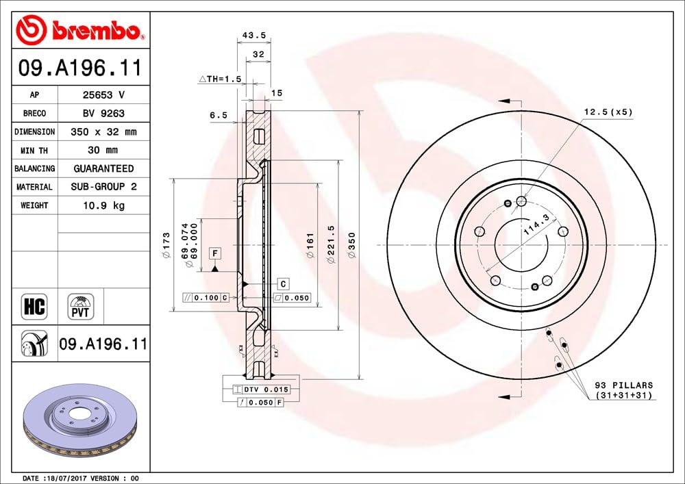 BREMBO 09A19611C02 Brembo 09.A196.11 UV Coated Pillar Vented Front Brake Rotor MITSUBISHI OE# 4615A024