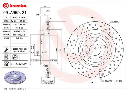 BREMBO 09A95921C02 Brembo 09.A959.21 UV Coated Pillar Vented drilled Rear Brake Rotor MERCEDES-BENZ OE# A1664230412
