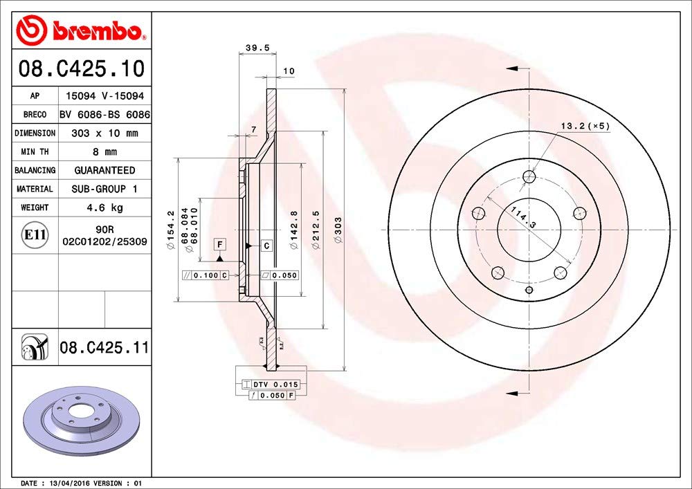 Brembo 08.C425.11 BRAKE ROTOR / UV COATED