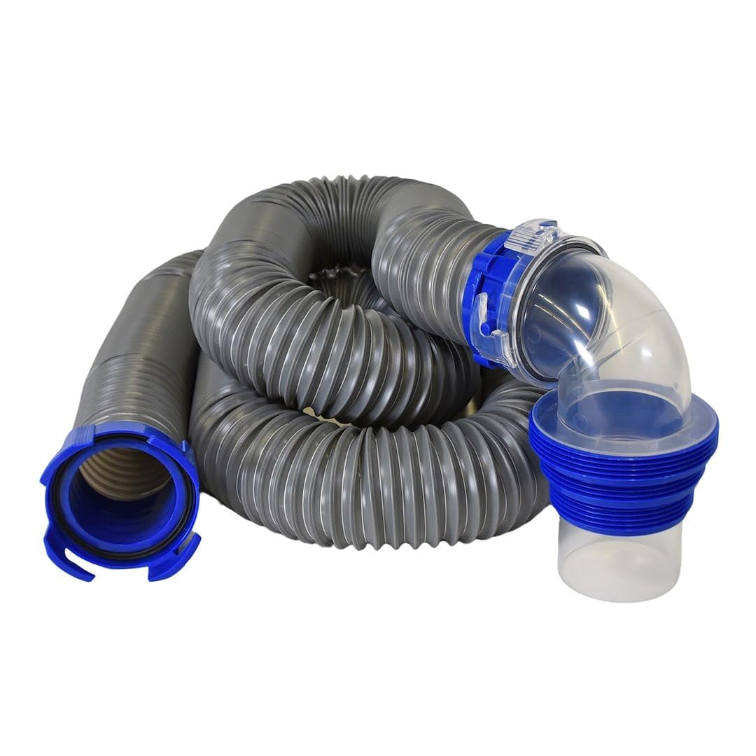DURAFLEX 22007 Duraflex Gator® Sewer Hose 22007, 30 Ft Extended Len, 106 In Compressed Len, 3 In Hose Dia, 21 Mil Polypropylene With Steel Wire Reinforced Construction, Charcoal Gray, With Four Drip Caps/Clear Elbow