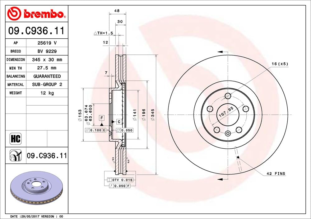 BREMBO 09C93611C02 Brembo 09.C936.11 UV Coated vented Brake Rotor VOLVO/VOLVO ASIA OE# 31400568
