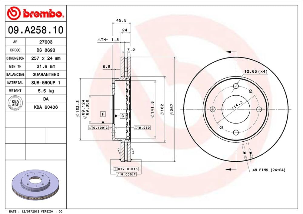 BREMBO 09.A258.10 Brembo 09.A258.10 Standard vented Front Brake Rotor HYUNDAI OE# 5171238100