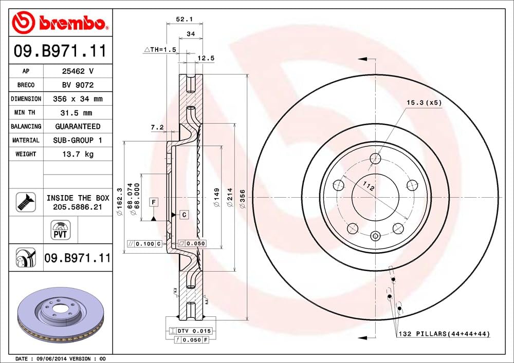 BREMBO 09B97111C02 Brembo 09.B971.11 UV Coated Pillar Vented Front Brake Rotor AUDI/AUDI (FAW)/VW (SVW) OE# 4G0615301A