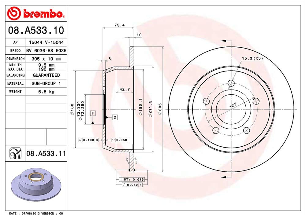 BREMBO 08A53311C02 Brembo 08.A533.11 Rear UV Coated Brake Disc, Set of 2