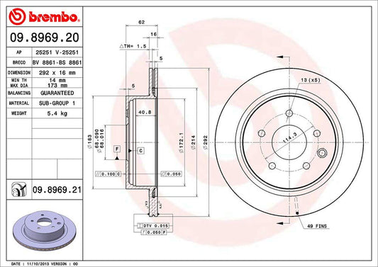 BREMBO 09896921C02 Brembo 09.8969.21 UV Coated vented Rear Brake Rotor DONGFENG FENGDU/INFINITI/NISSAN/NISSAN (DFAC)/RENAULT/RENAULT (DFAC)/VENUCIA OE# 432068H305