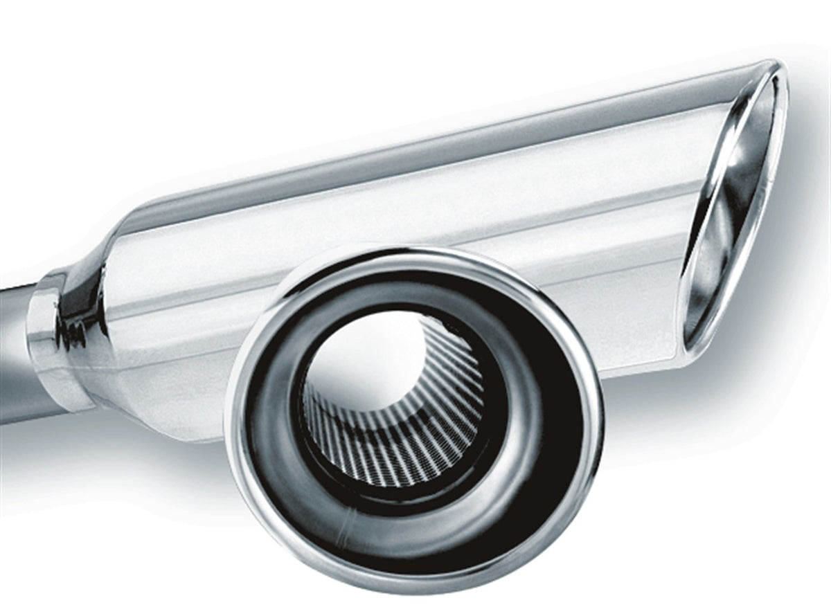 BORLA 20248 BORLA 20248 Universal Performance Exhaust Tip 2.25" Single Inlet / 4" Round Angle-Cut Single Outlet 12" Long Resonated Lined Polished T-304 Stainless Steel Weld On Design