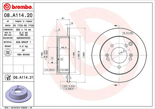 BREMBO 08A11421C02 Brembo 08.A114.21 UV Coated solid Rear Brake Rotor HYUNDAI/HYUNDAI (BEIJING)/KIA/KIA (DYK) OE# 5841139600