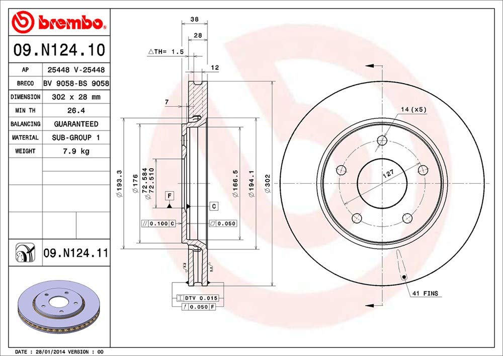 BREMBO 09N12411C02 Brembo 09.N124.11 UV Coated vented Front Brake Rotor CHRYSLER/DODGE/FIAT OE# 4721933AB