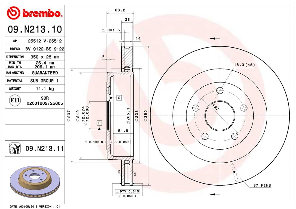 BREMBO 09N21311C02 Brembo 09.N213.11 UV Coated vented Rear Brake Rotor CHRYSLER/DODGE/JEEP OE# 5290731AA