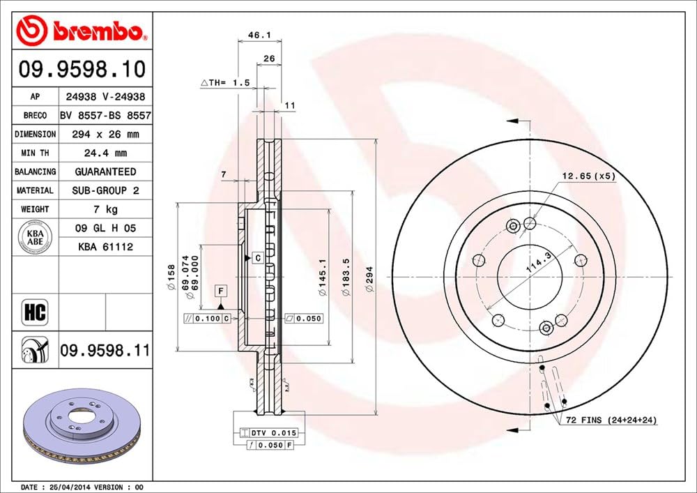 BREMBO 09.9598.11 Brembo 09.9598.11 UV Coated vented Front Brake Rotor HAWTAI/HYUNDAI OE# 5171226100
