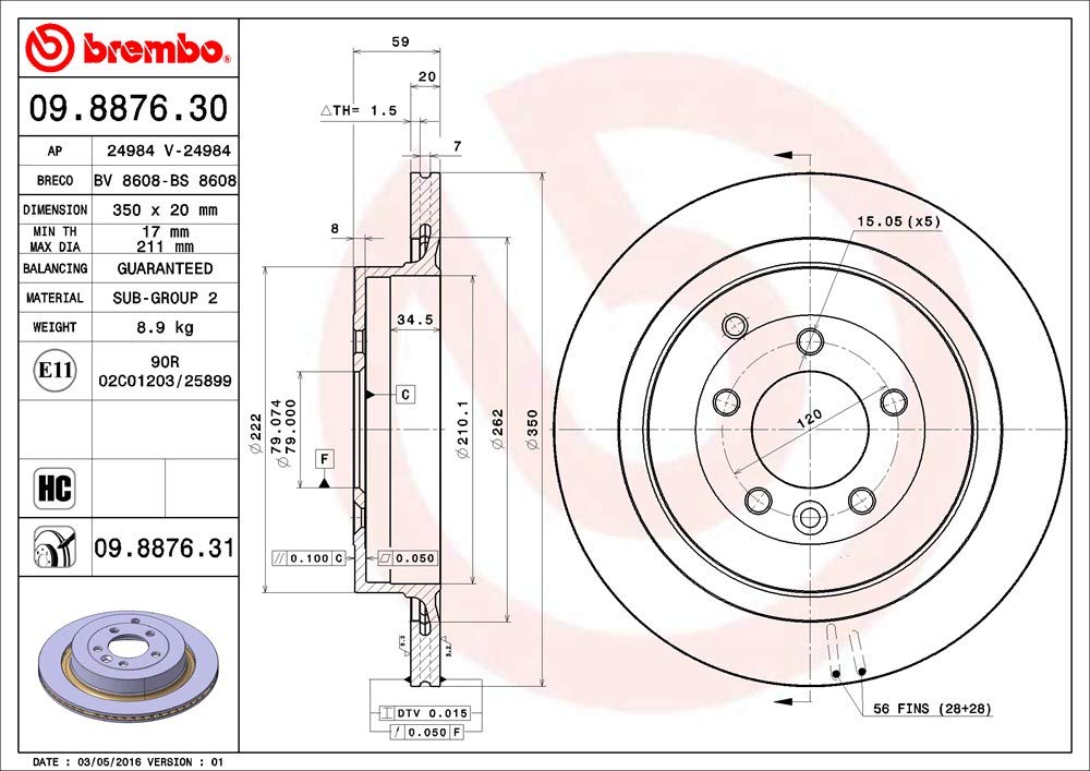 BREMBO 09887631C02 Brembo 09.8876.31 UV Coated vented Rear Brake Rotor LAND ROVER OE# SDB000646