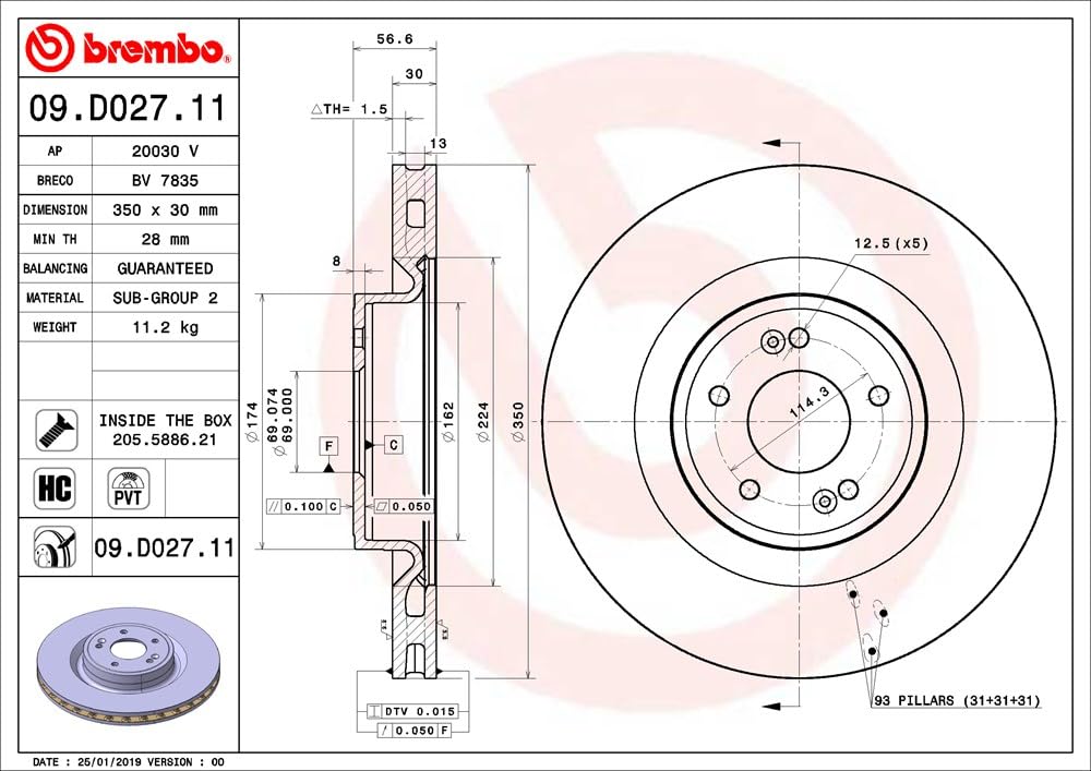 BREMBO 09D02711C02 Brembo 09.D027.11 UV Coated Pillar Vented Brake Rotor GENESIS/KIA OE# 51712J5550