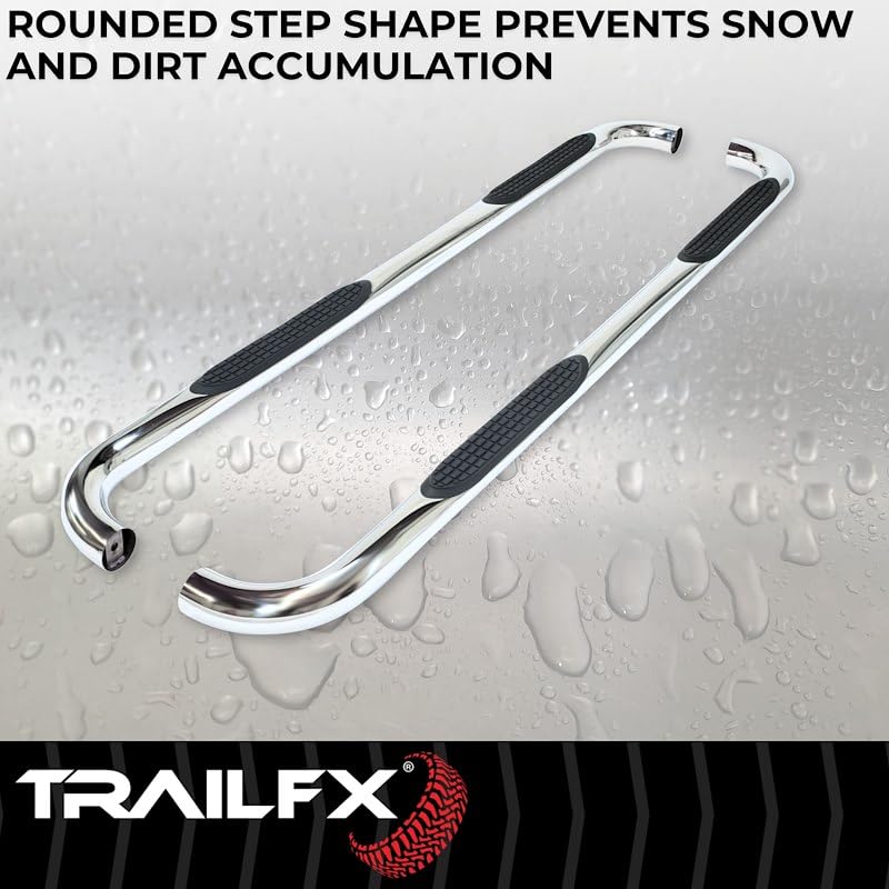TRAILFX A0063S Nerf Bars Fits Jeep Gladiator JT 2020-2025 Polished Stainless Steel 3-Inch Round Bent Rocker Panel Mounted Side Steps with Slip-Resistant Step Pads Curved Ends TrailFX A0063S