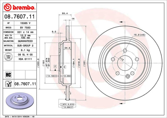 BREMBO 08760711C02 Brembo 08.7607.11 UV Coated solid Rear Brake Rotor MERCEDES-BENZ OE# A1634230012