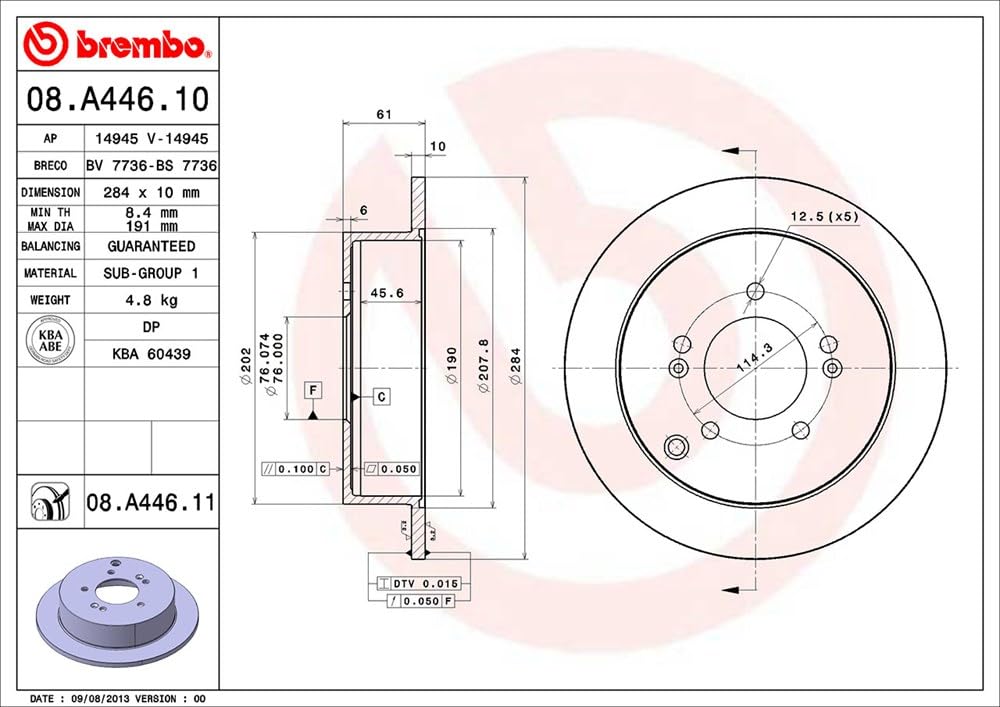 BREMBO 08A44611C02 Brembo 08.A446.11 UV Coated solid Rear Brake Rotor HAWTAI/HYUNDAI/HYUNDAI (BEIJING)/KIA/KIA (DYK)/SOUEAST OE# 584113A300