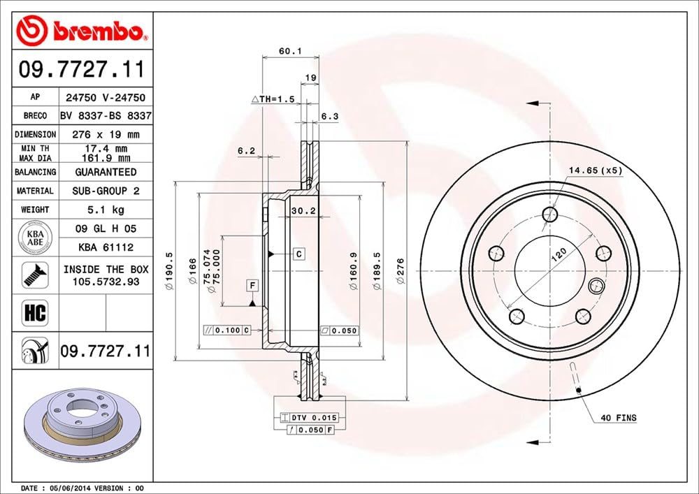 BREMBO 09772711C02 Brembo 09.7727.11 UV Coated vented Rear Brake Rotor BMW/BMW (BRILLIANCE) OE# 34216855155