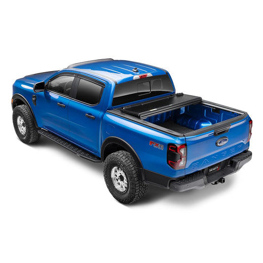 TRAILFX TFX8002 TrailFX Hard Tri-Fold Tonneau Cover Fits 2022-2026 Ford Maverick Hard Folding 3 Folds 3 Panels Lockable Tailgate Handle Gloss Black Textured Aluminum Clamp-On Installation
