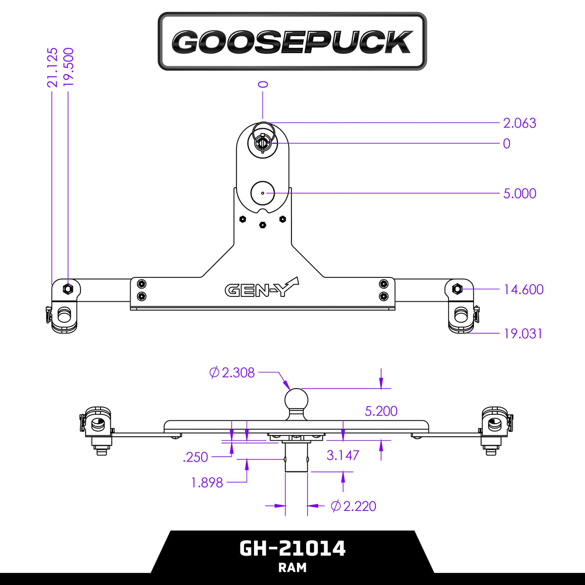 GEN-Y HITCH GH-21014 GEN-Y Hitch GoosePuck GEN II Main Assembly - 5" Offset - 25K Overall Towing - with Safety Chain Anchors Incorporated - Compatible with Dodge Ram Trucks