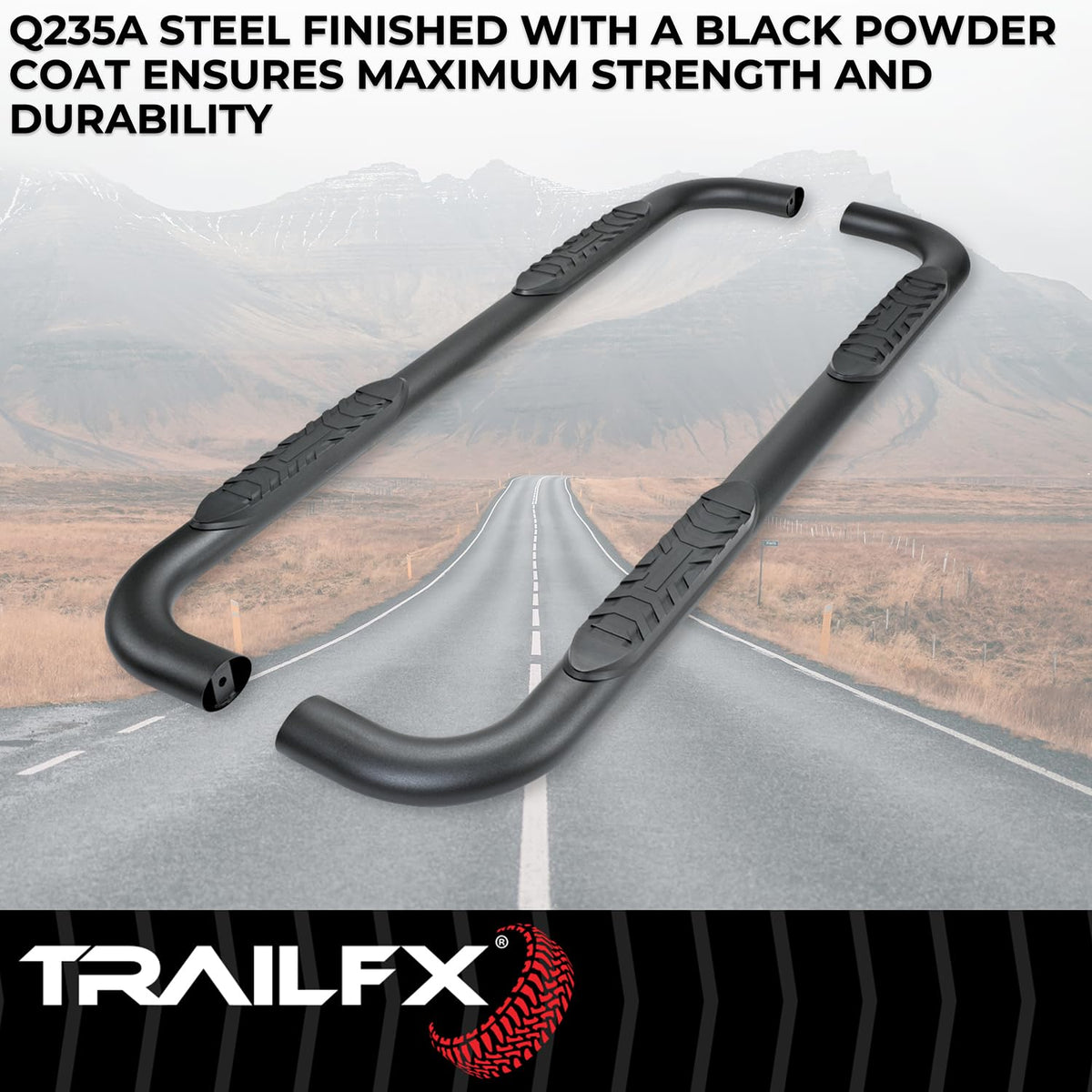 TRAILFX A1012B TrailFX Nerf Bars for Ram 1500 Crew Cab 2019-2025 Titanium Black Steel 4 Inch Oval Bent Side Steps with Slip-Resistant Molded Step Pads Rocker Panel Mount Set of 2 Running Boards