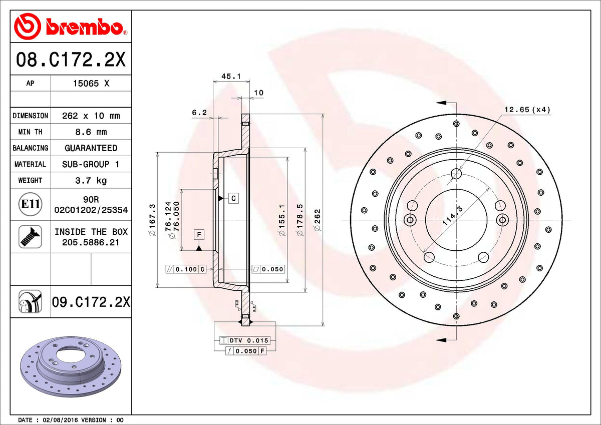 BREMBO 08C1722XC02 Brembo 08.C172.2X Xtra UV Coated solid drilled Rear Brake Rotor HYUNDAI/HYUNDAI (BEIJING)/INOKOM/KIA/KIA (DYK)/NAZA OE# 58411A6300