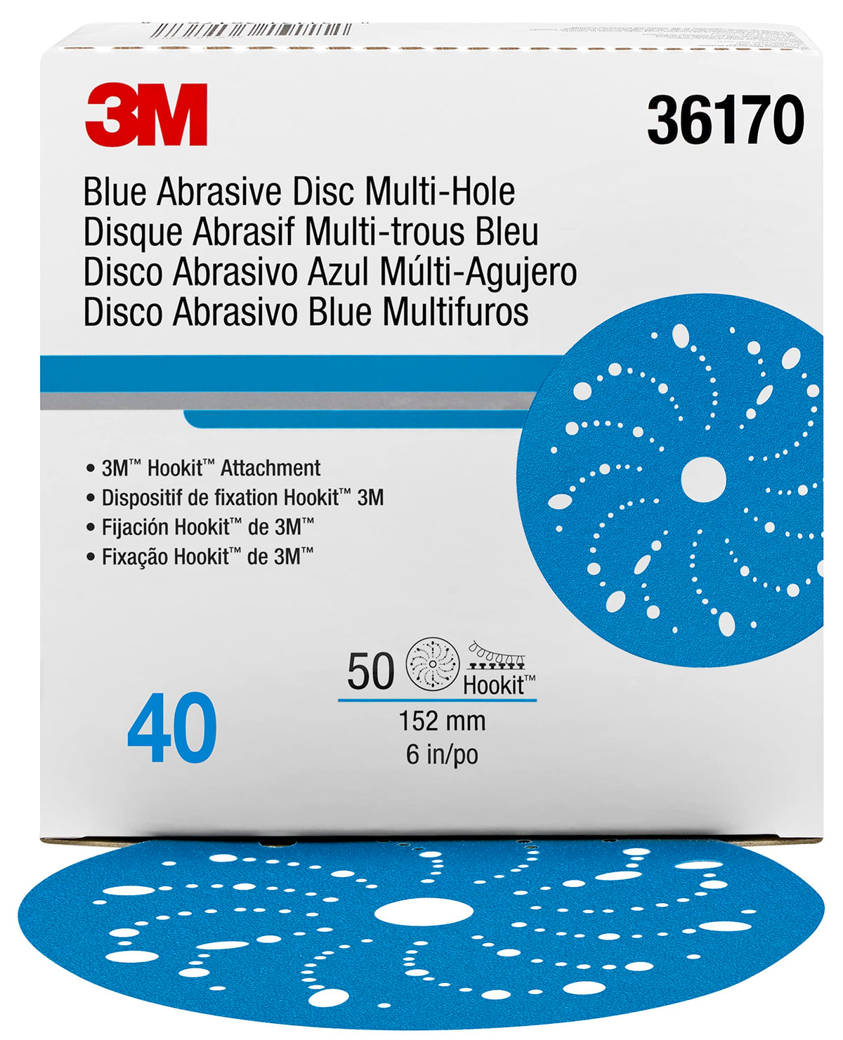 3M 36170 3M Hookit Blue Abrasive Disc, 321U, 36170, 6 in, 40+ Grade, Multi-Hole