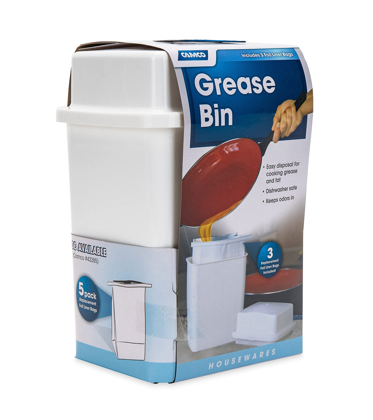 CAMCO 42281 Camco Cooking Grease Storage Bin | Help Stop RV and Marine Kitchen Drains from Getting Clogged | Foil Liners Hold Liquid Up to 200-Degrees Fahrenheit (42281)