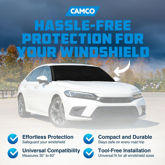 CAMCO 45401 Camco Durable Compact Universal On the Go Vinyl RV Tow Car Windshield Protector from Chips and Cracks with Tool Free Installation, Black