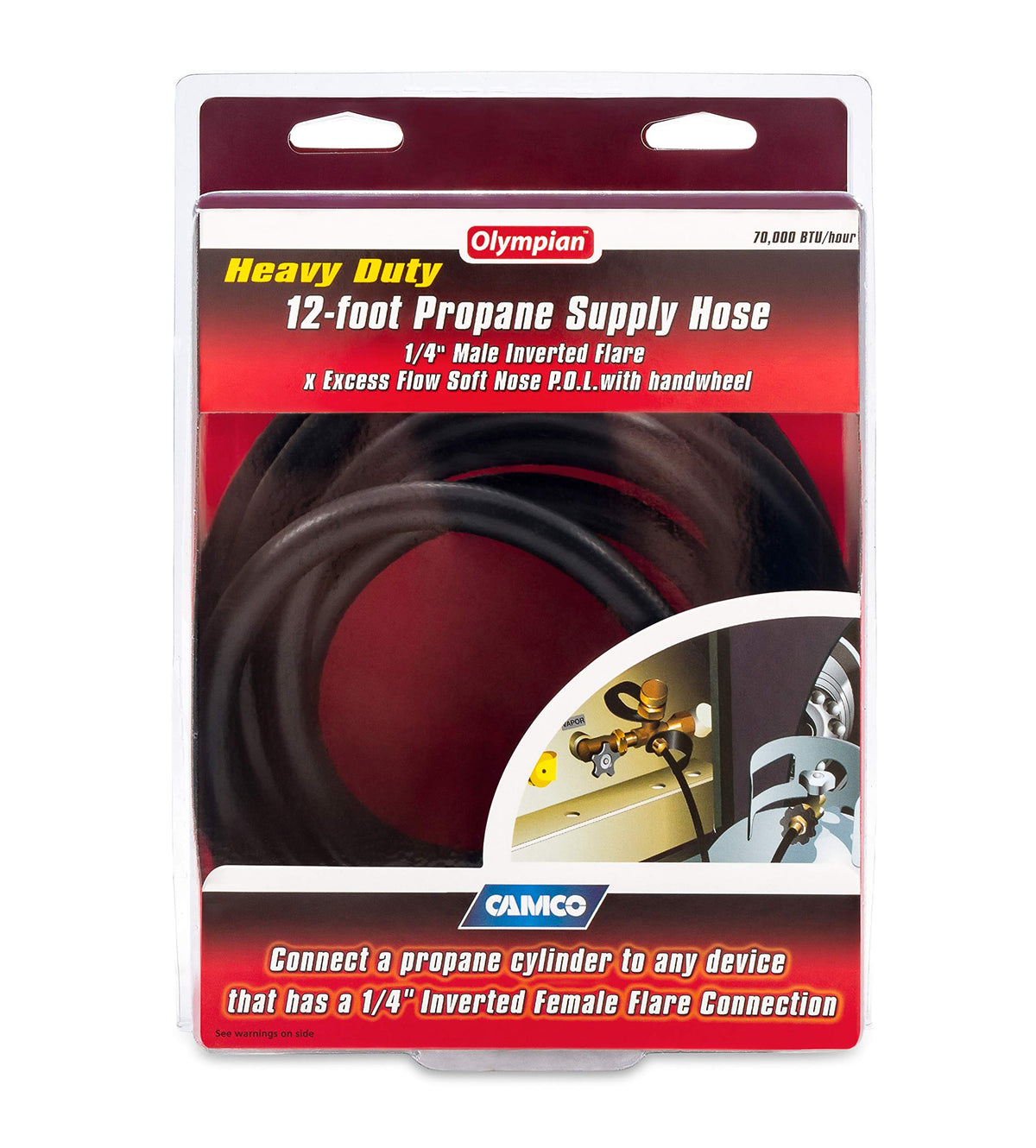 CAMCO 59035 Camco Olympian 12-Foot RV Propane Supply Hose - Built-In Excess Flow Protection - Connects Motorhome to 20/30 lb Propane Tank - Soft-Nose POL x 1/4-Inch Inverted Flare (59035)