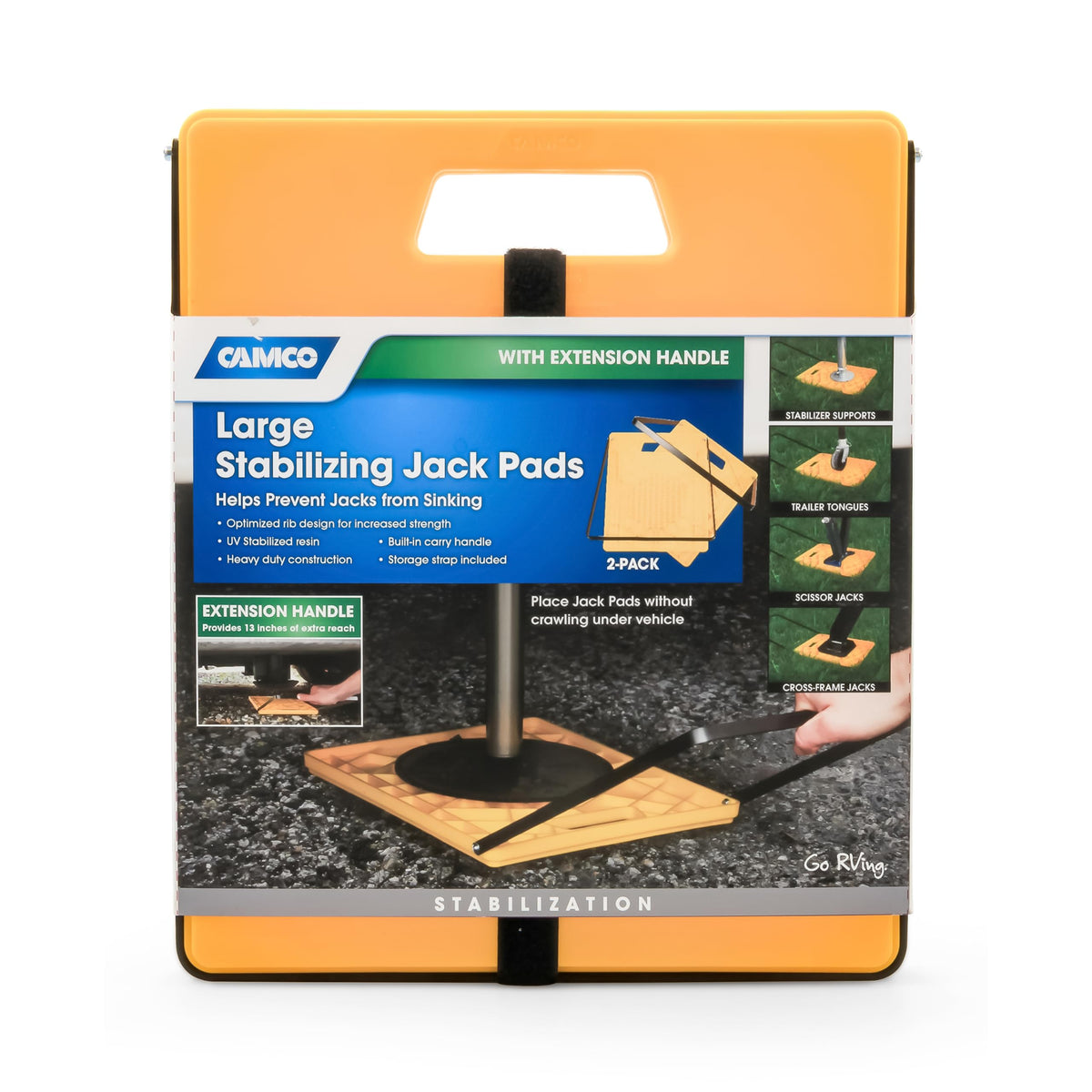 CAMCO 44543 Camco Large RV Stabilizing Jack Pad with Handle, Helps Prevent Jacks from Sinking, 14 Inch x 12 Inch Pad - 2 Pack - 44543, Yellow