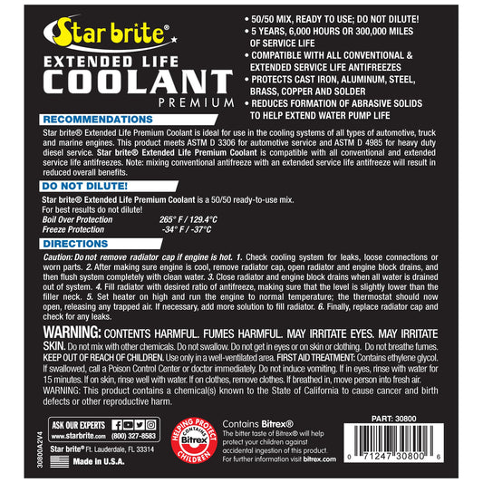 STAR BRITE 030800 STAR BRITE Extended Life Coolant Premium - 50/50 Pre-Mixed - Ready to Use