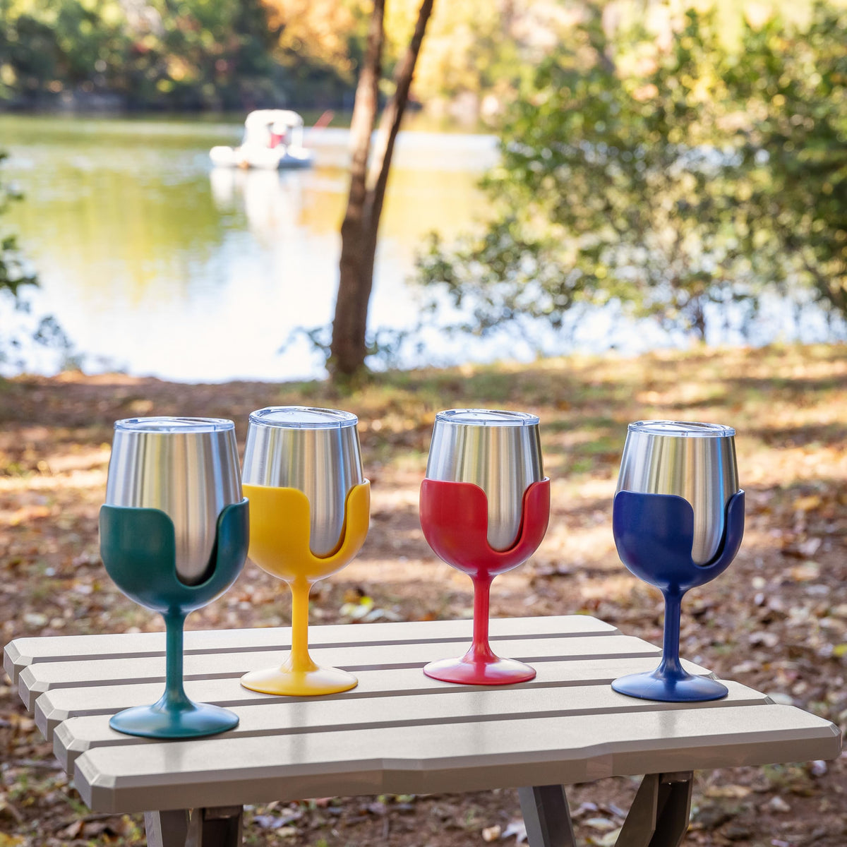 CAMCO 53465 Camco Life is Better at The Campsite Stainless Steel Wine Tumbler 4-Pack - Features Heavy Duty Double Wall Vacuum Insulation & Removable Navy, Red, Green & Yellow Stems - Holds 8-oz Each (53465)