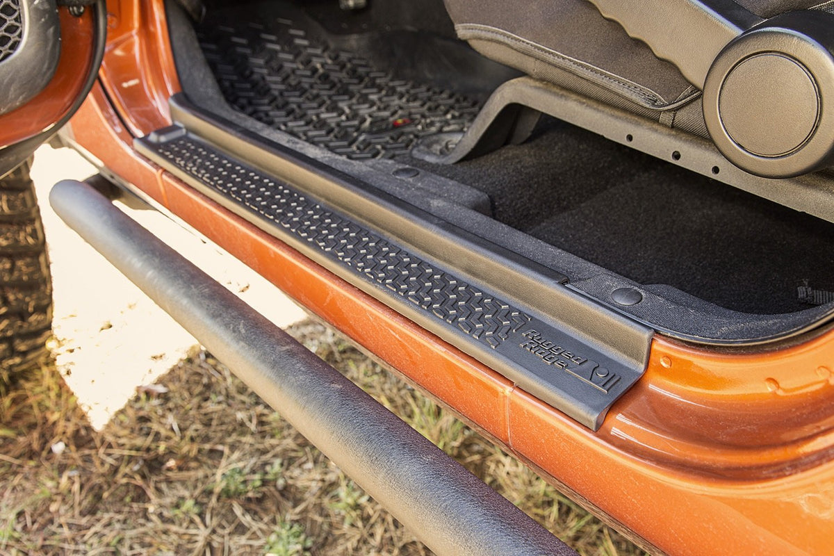 RUGGED RIDGE 11216.20 Rugged Ridge All-Terrain Entry Guards - Fits 2007–2018 Jeep Wrangler JK 2-Door - Scratch Protection & Precise Fit - Black Thermoplastic, 2-Piece Set