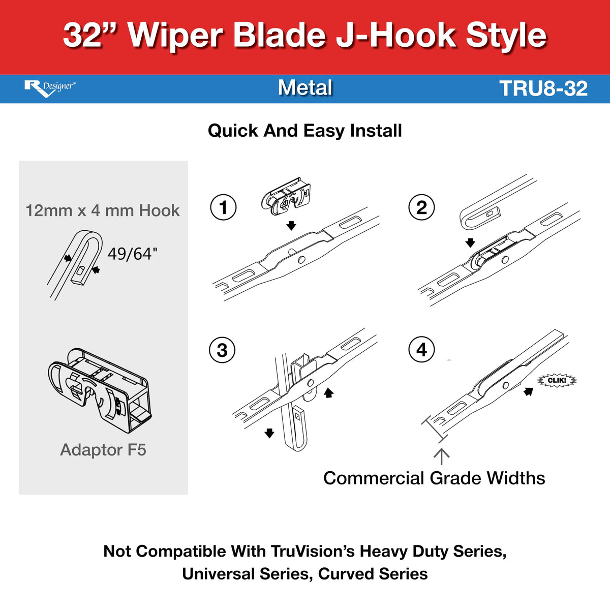 RV DESIGNER TRU8-32 Rv Designer TRU8-32 32' WIPER BLADE METAL J-HOOK AVAI