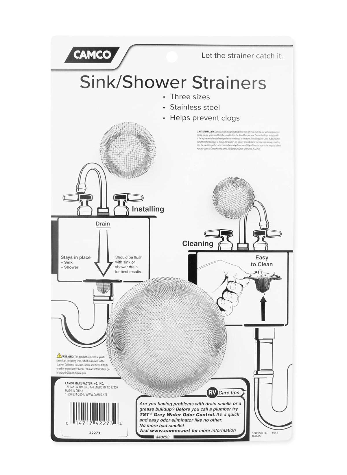 CAMCO 42273 Camco Sink and Shower Drain Strainers | Designed to Keep Food and Hair Out of Plumbing | 3-Pack (42273)