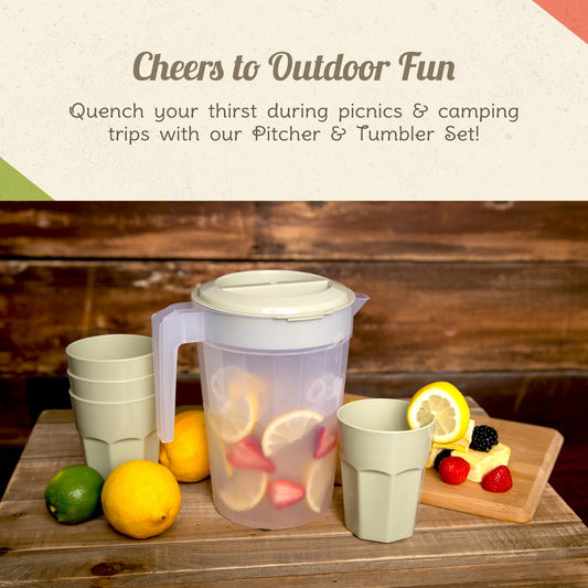 CAMP CASUAL CC-013BB Plastic Pitcher Set - 1 Pitcher with Lid & 4 Camping Cups for Travel, Parties, & Picnics - Sturdy, BPA Free, Dishwasher Safe - 84 oz Water Pitcher & 14.5 oz Cups (Boho Blue)