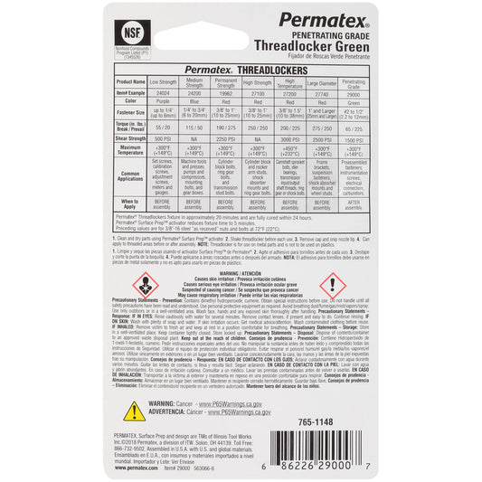 PERMATEX 29000 Permatex 29000 Penetrating Grade Threadlocker Green, 6 ml