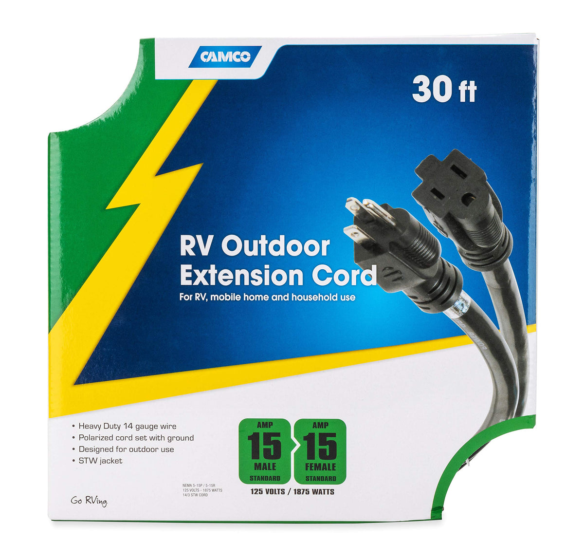 CAMCO 55142 Camco 30-Ft 15 Amp RV Extension Cord - Rated for 125V / 1,857W - Features Heavy Duty 14-Gauge Copper Wire for Superior Conductivity & Coated w/Heat-Resilient PVC (55142)