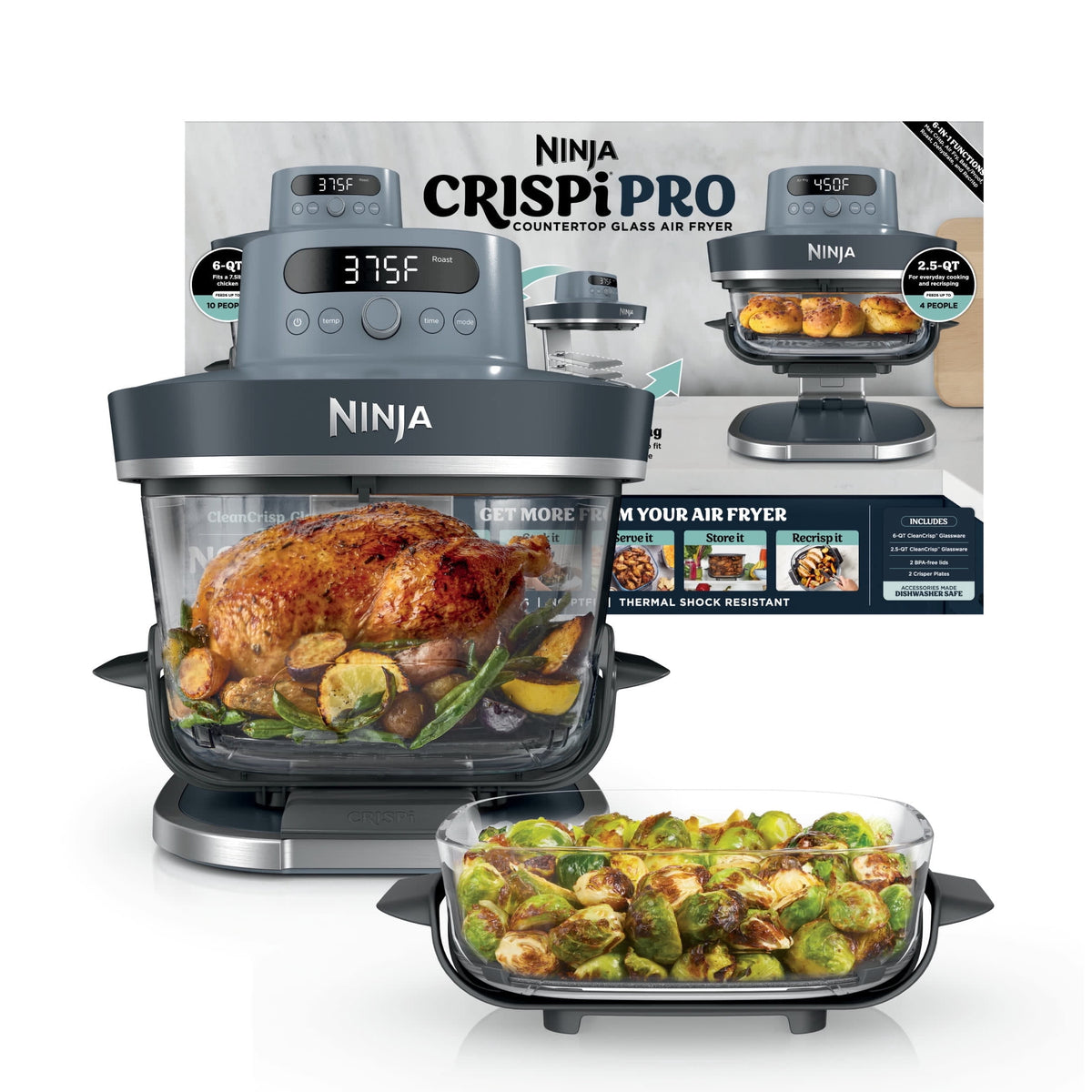 Ninja Ninja Crispi Pro Glass Air Fryer, 6-Qt & 2.5-Qt, 6-in-1, 1800 W, AS101DG Gray