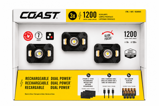Coast Coast CH1200R Rechargeable Dual Power LED Headlamp, 1200 Lumens, 3-Pack