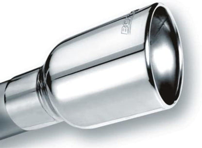 BORLA 20156 BORLA 20156 Exhaust Tip 2.5" Inlet - 4" Single Round Rolled-Edge Angle-Cut Lined Outlet - 6.25" Long Exhaust Tip Embossed with BORLA Logo. Clamp On Mounting Method. Clamp Included.