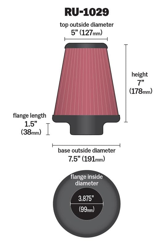 K&N RU-1029 High-Flow Original Lifetime Universal Clamp-On