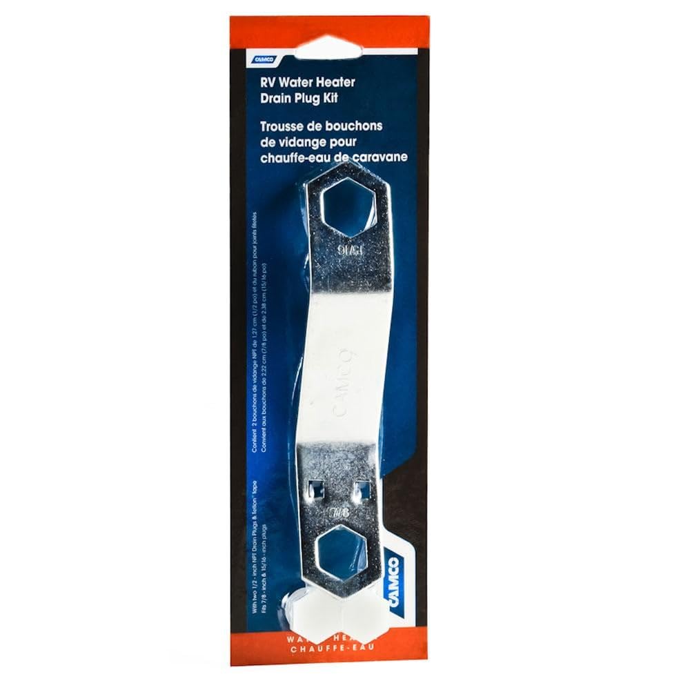 CAMCO 11633 Camco RV Water Heater Drain Plug and Wrench Kit | Designed for RV & Camper Water Heater Drain Plugs | Fits 7/8" & 15/16" Drain Plugs | Angled Design Allows You to Reach Tight Spots (11633)