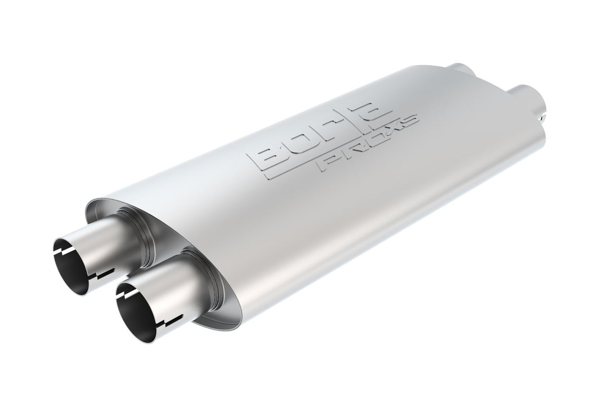 BORLA 400493 BORLA 400493 ProXS ProXS Muffler 2.5" Dual Inlet/ 2.25" Dual Outlet, 4" x 9.5" Oval, 19" Long Body, 24" Overall Length. Internal X-Pipe. Universal Part. Reversible Design. Notched Necks.