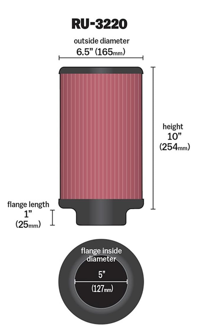 K&N FILTER RU-3220 K&N High-Flow Original Lifetime Universal Clamp-On Air Filter: High Performance, Premium, Washable: Flange Diameter: 5 In, Filter Height: 10 In, Flange Length: 1 In, Shape: Round, RU-3220