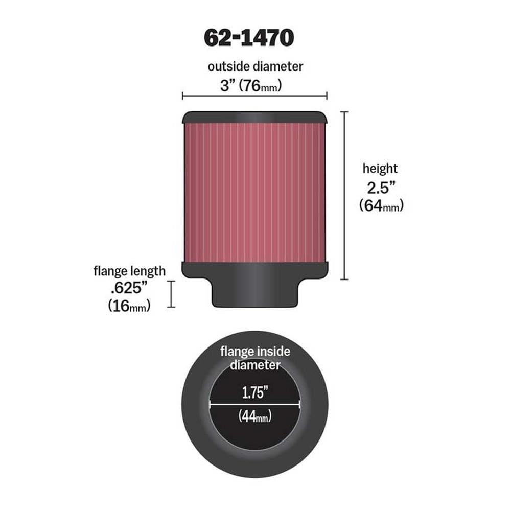K&N FILTER 62-1470 K&N Vent Air Filter/ Breather: High Performance, Premium, Washable, Replacement Engine Filter: Flange Diameter: 1.75 In, Filter Height: 2.5 In, Flange Length: 0.625 In, Shape: Breather, 62-1470